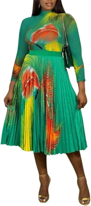 2 Piece Skirt Sets for Women Casual Long Sleeve Top and High Waisted Pleated Midi Skirt Plus Size