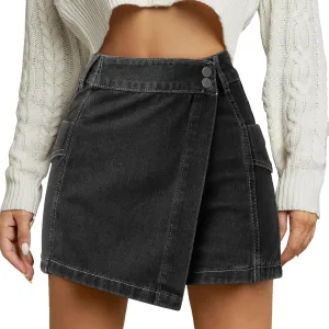 2023 Summer Women's Casual High Waisted A Line Skirt Button Mini Denim Skirt with Pocket Satin Skirts for Women