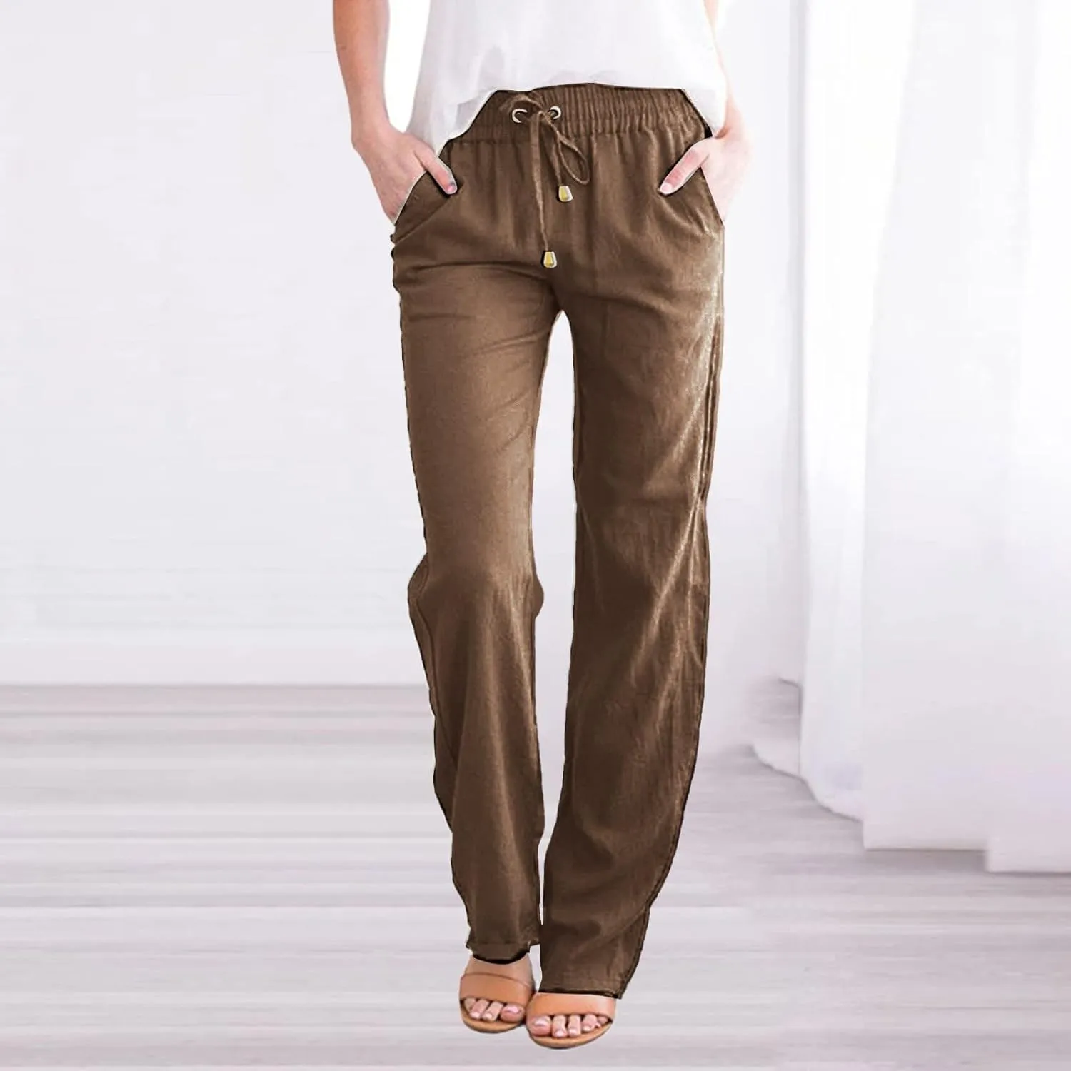 2023 Womens Drawstring Cotton Linen Long Pants Loose Elastic Waisted Colour Pure Casual Summer Palazzo Lounge Trousers