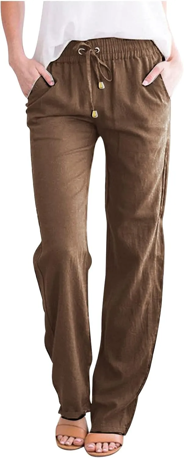 2023 Womens Drawstring Cotton Linen Long Pants Loose Elastic Waisted Colour Pure Casual Summer Palazzo Lounge Trousers