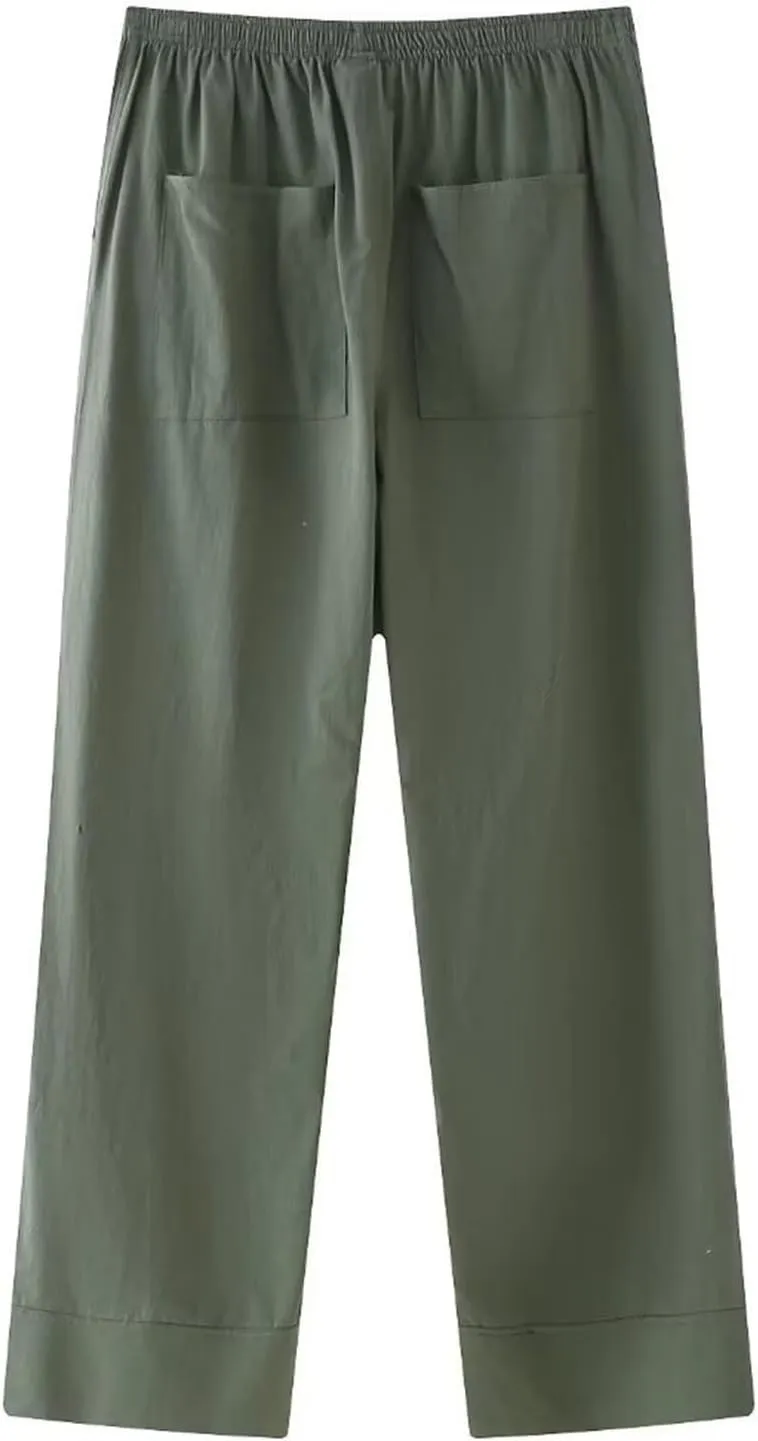 2025 Fashion Pants for Women Solid Elastic High Waist Wide Leg Trousers Casual Comfy Lightweight Pants with Pockets