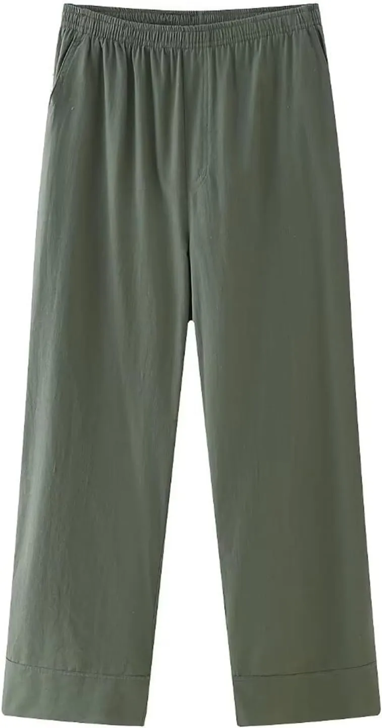2025 Fashion Pants for Women Solid Elastic High Waist Wide Leg Trousers Casual Comfy Lightweight Pants with Pockets
