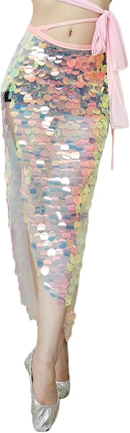 2025 Sequin Skirts for Women Fashion Sparkly Belly Dance Hip Scarf Skirt Holiday Party Waistband Bead Embroidered Skirt