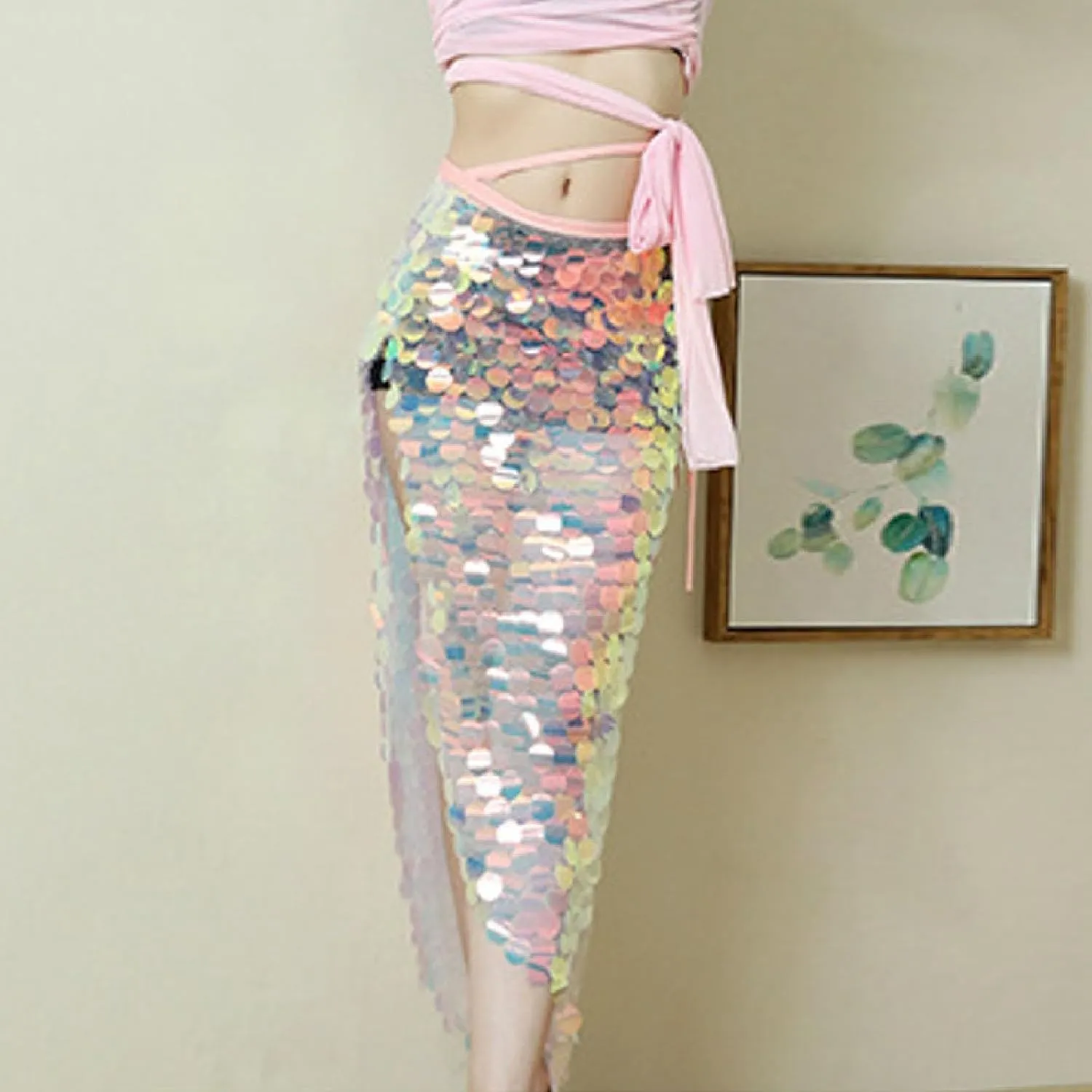 2025 Sequin Skirts for Women Fashion Sparkly Belly Dance Hip Scarf Skirt Holiday Party Waistband Bead Embroidered Skirt