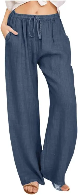 2025 Summer Outfits for Women - Womens Casual Loose Linen Pants Plain Solid High Waisted Drawstring Trousers