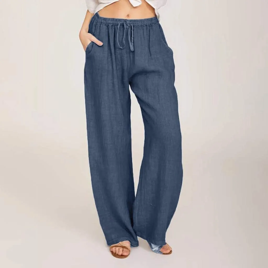 2025 Summer Outfits for Women - Womens Casual Loose Linen Pants Plain Solid High Waisted Drawstring Trousers