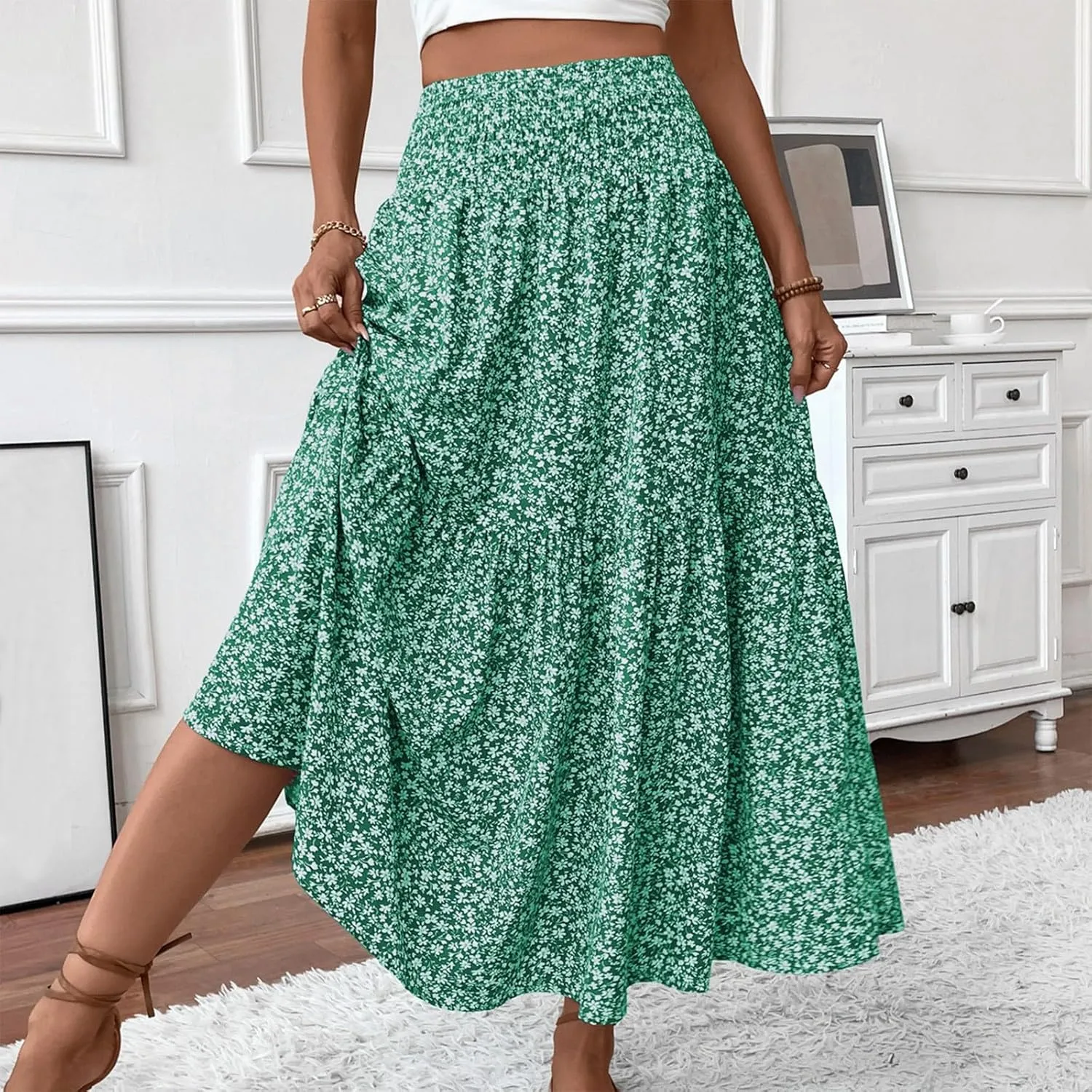 2025 Summer Women's Floral Print Midi Maxi Skirts Casual High Waist A Line Dressy Swing Flowy Long Skirt