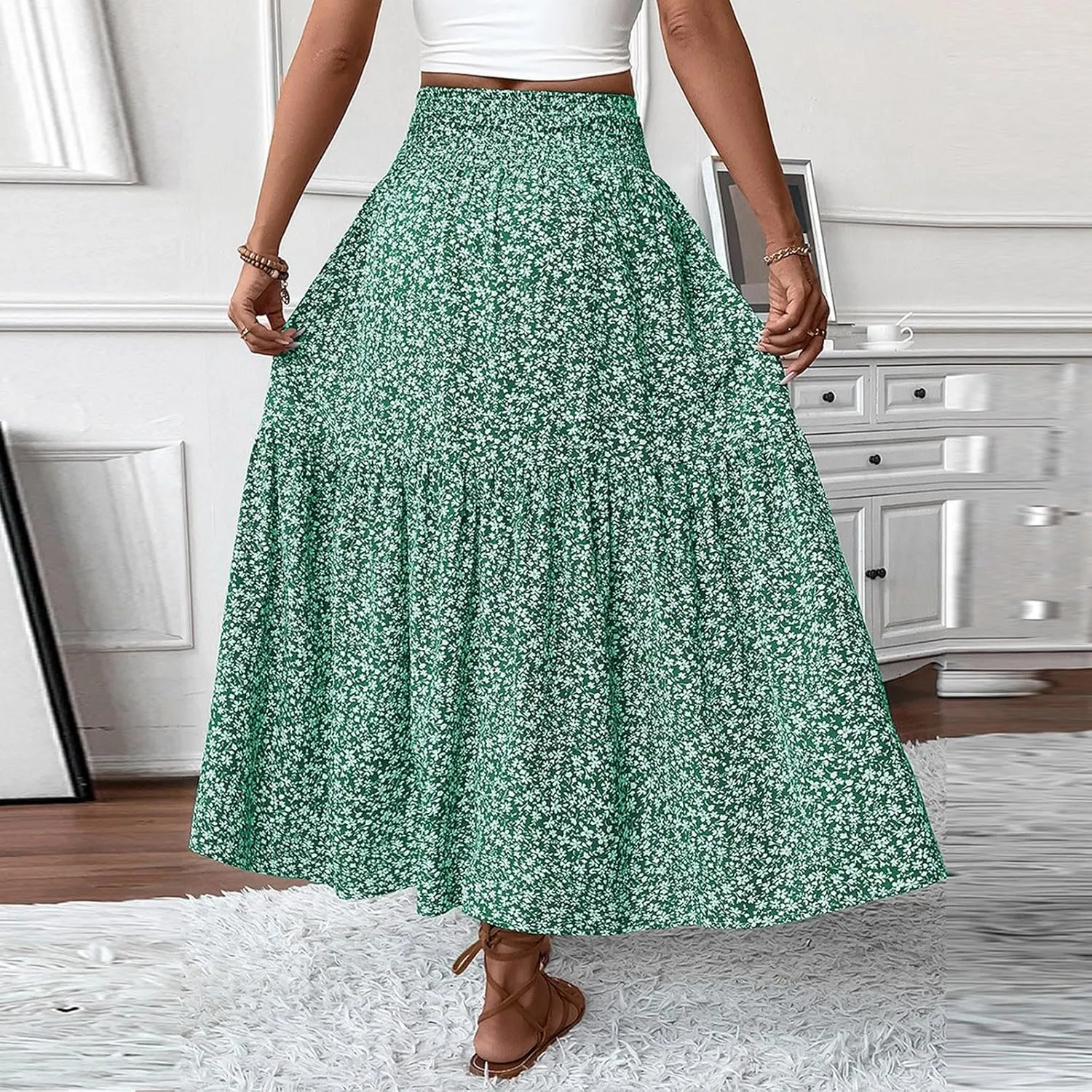 2025 Summer Women's Floral Print Midi Maxi Skirts Casual High Waist A Line Dressy Swing Flowy Long Skirt