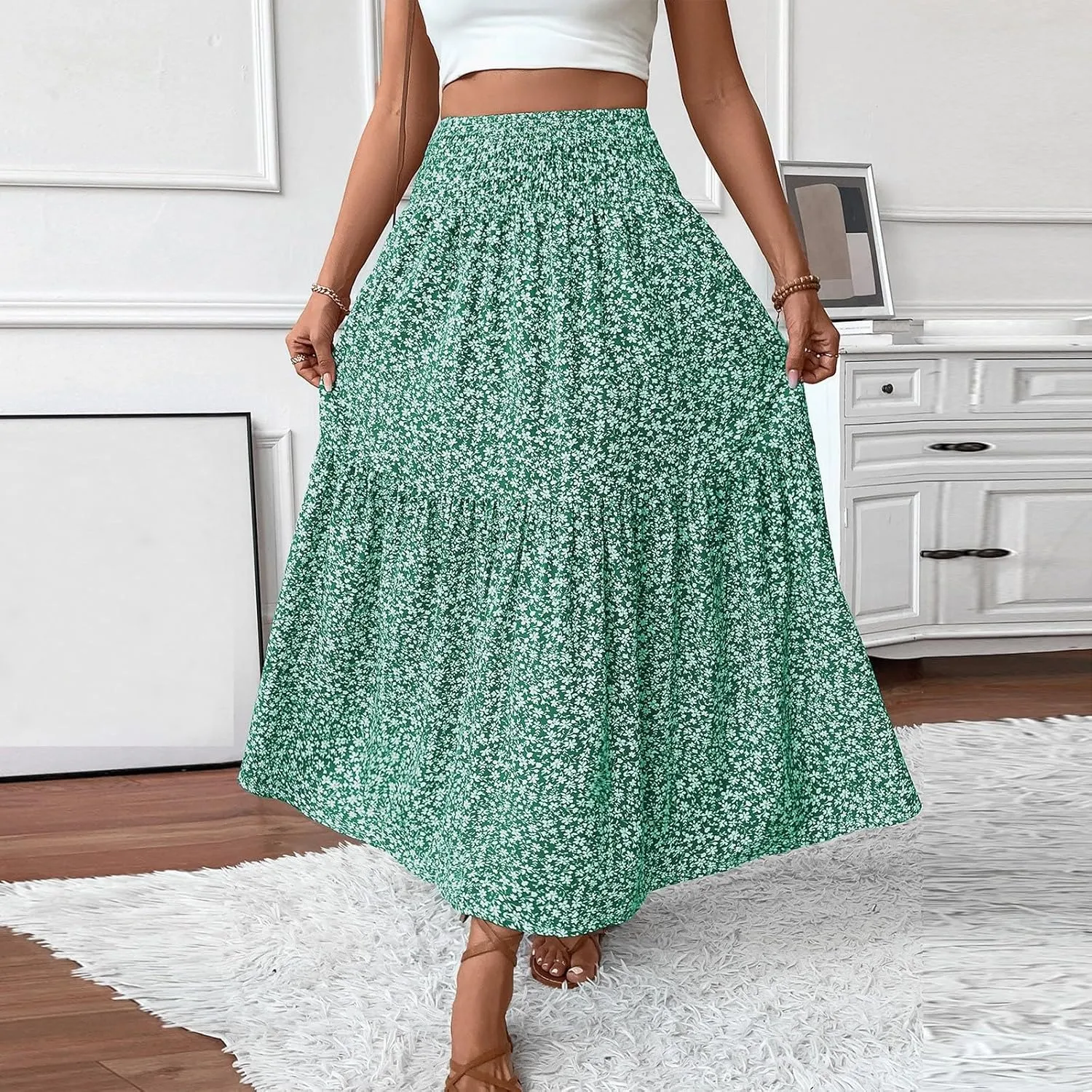 2025 Summer Women's Floral Print Midi Maxi Skirts Casual High Waist A Line Dressy Swing Flowy Long Skirt