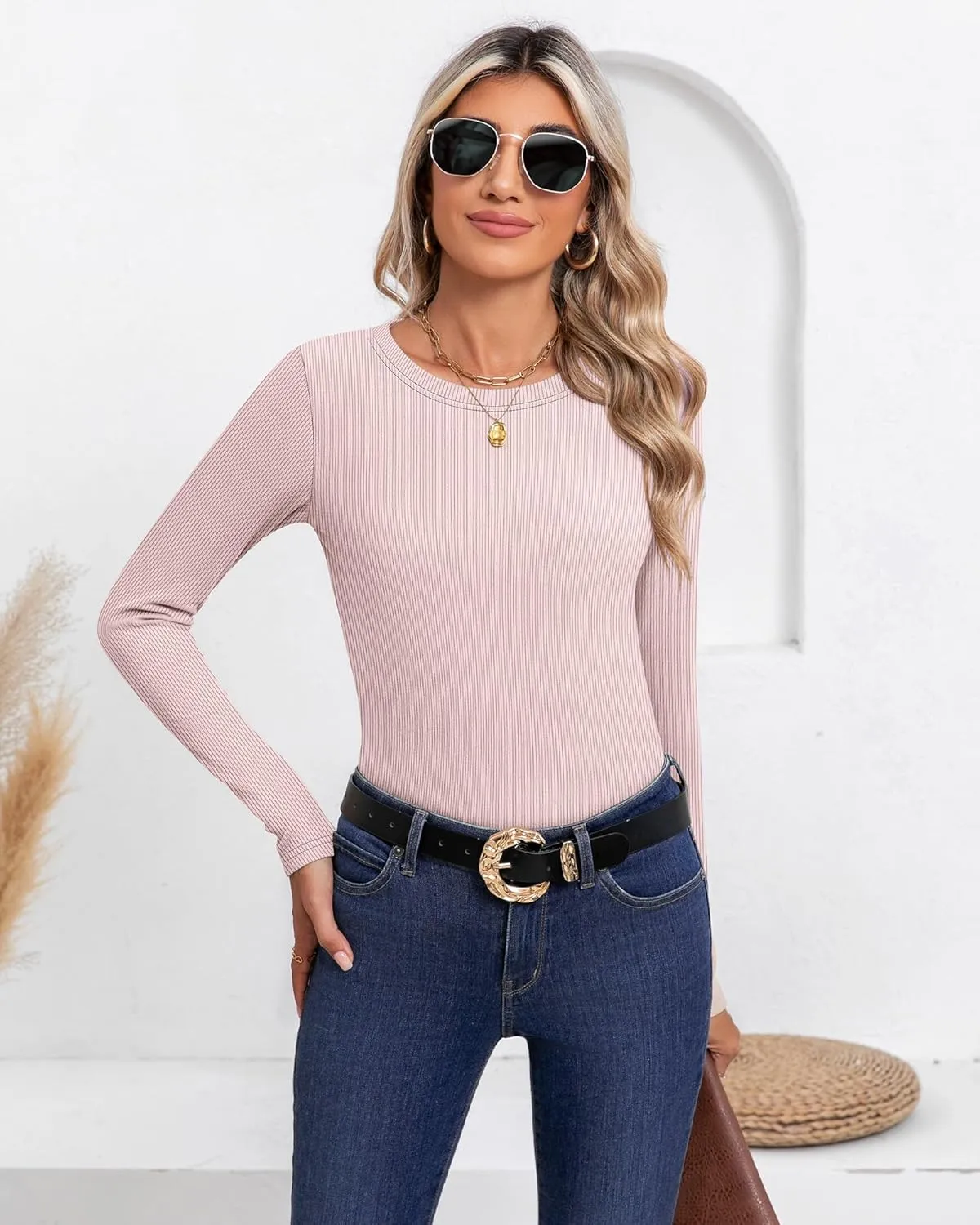 3 Pack Women's Ribbed Long Sleeve Thermal Tops Thin Fleece Lined Crew Neck Shirts Warm Winter Basic Undershirt Tee