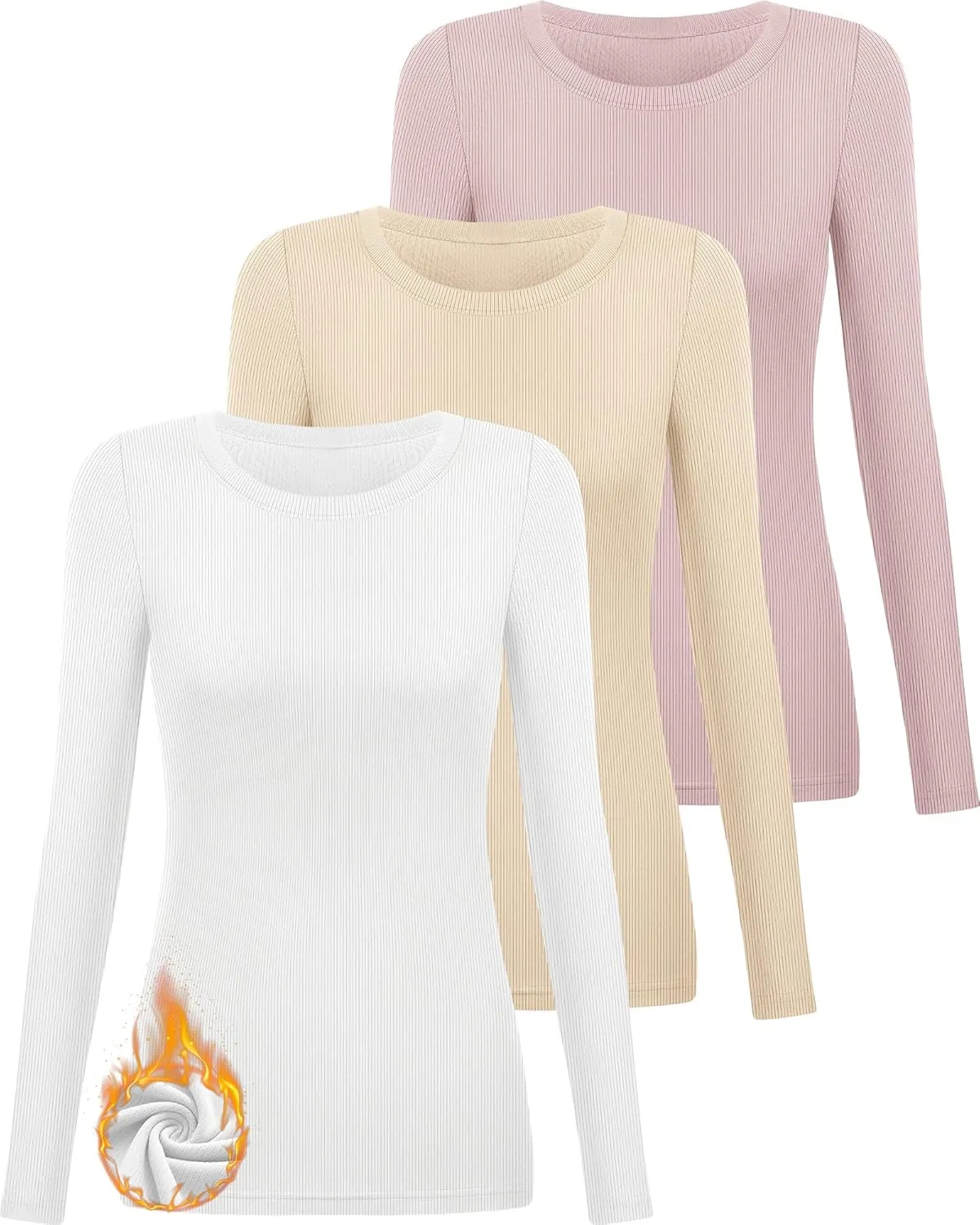 3 Pack Women's Ribbed Long Sleeve Thermal Tops Thin Fleece Lined Crew Neck Shirts Warm Winter Basic Undershirt Tee