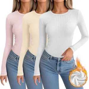 3 Pack Women's Ribbed Long Sleeve Thermal Tops Thin Fleece Lined Crew Neck Shirts Warm Winter Basic Undershirt Tee