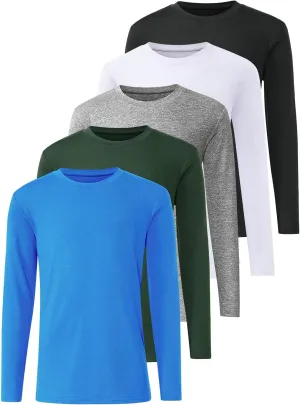 5-Pack Youth Boys Long Sleeve Shirts Dry Fit Athletic T-Shirt Moisture Wicking Performance Activewear Tops Tees