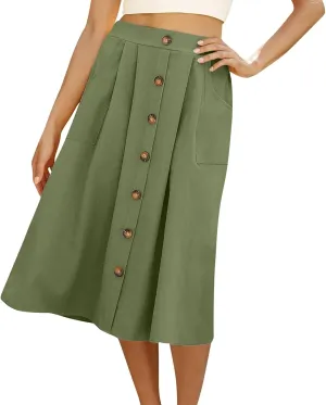A Line Midi Skirt for Womens Vintage Front Button Swing Skirts Summer Casual High Waisted Pleated Midi Skirt with Pockets