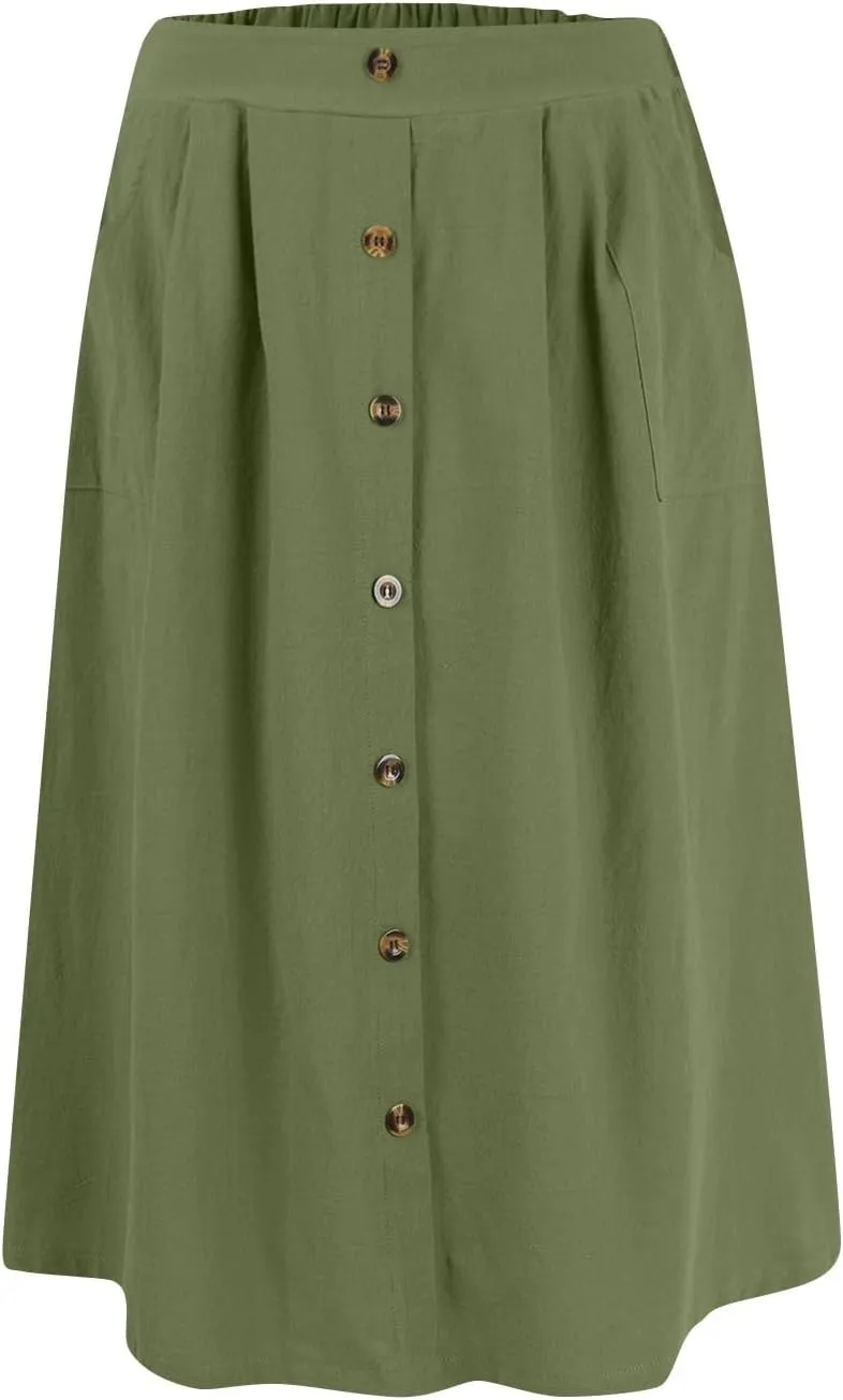 A Line Midi Skirt for Womens Vintage Front Button Swing Skirts Summer Casual High Waisted Pleated Midi Skirt with Pockets