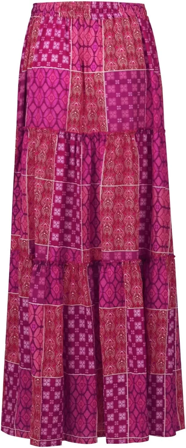 ADHOWBEW Boho Skirts for Women Floral Print African Cotton High Waist Smocked Sexy Beach Skirts