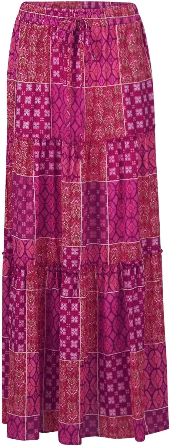ADHOWBEW Boho Skirts for Women Floral Print African Cotton High Waist Smocked Sexy Beach Skirts