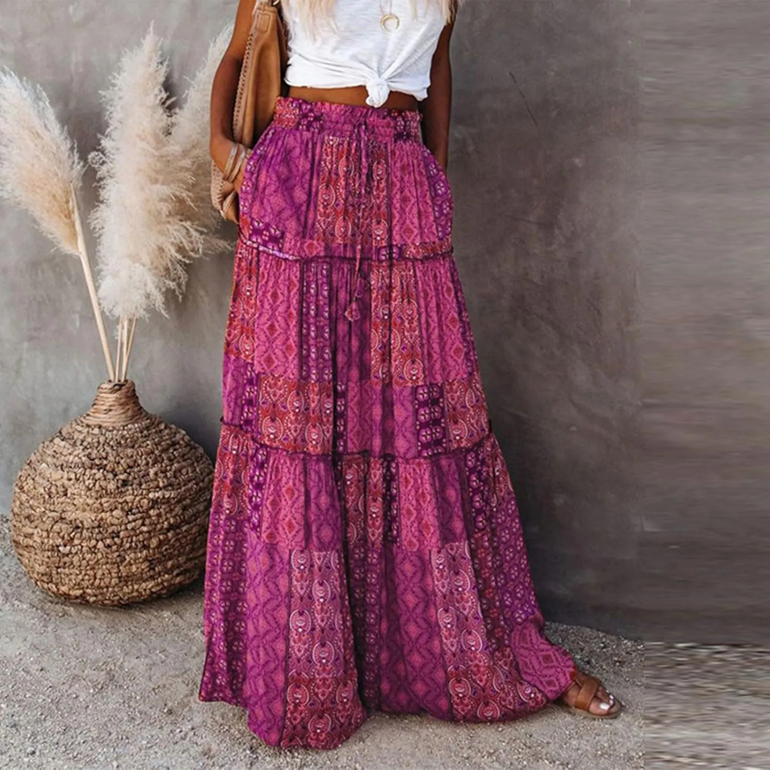 ADHOWBEW Boho Skirts for Women Floral Print African Cotton High Waist Smocked Sexy Beach Skirts