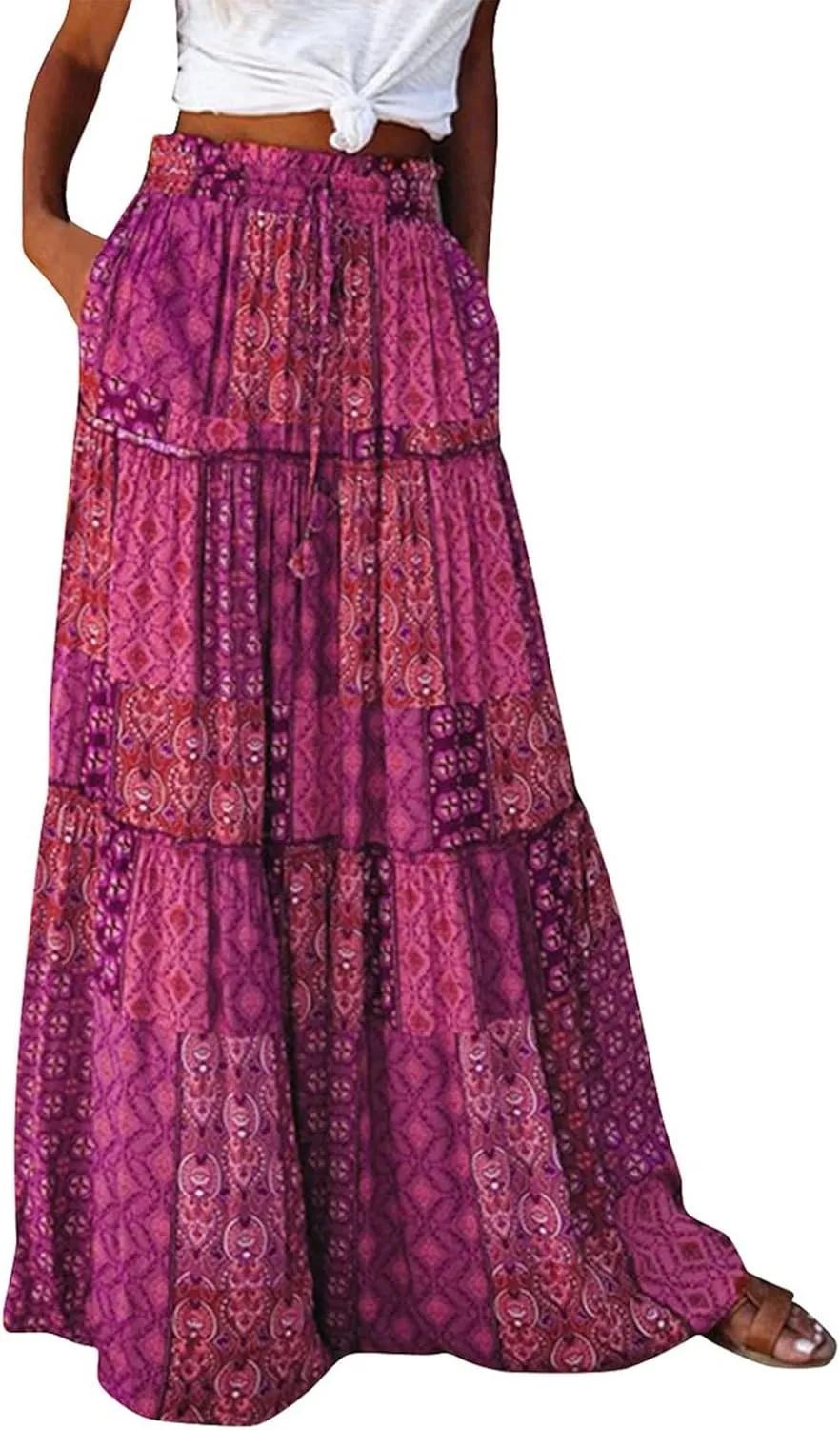 ADHOWBEW Boho Skirts for Women Floral Print African Cotton High Waist Smocked Sexy Beach Skirts