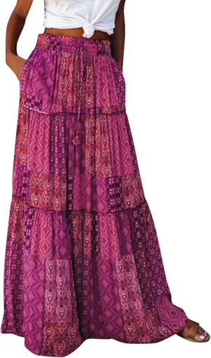 ADHOWBEW Boho Skirts for Women Floral Print African Cotton High Waist Smocked Sexy Beach Skirts