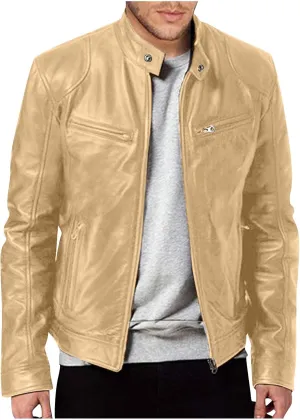 ADHOWBEW Mens Leather Jacket Stand Collar Windbreaker Zip Up Fashion Motorcycle Jackets