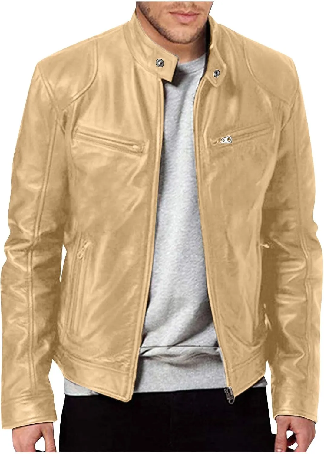 ADHOWBEW Mens Leather Jacket Stand Collar Windbreaker Zip Up Fashion Motorcycle Jackets