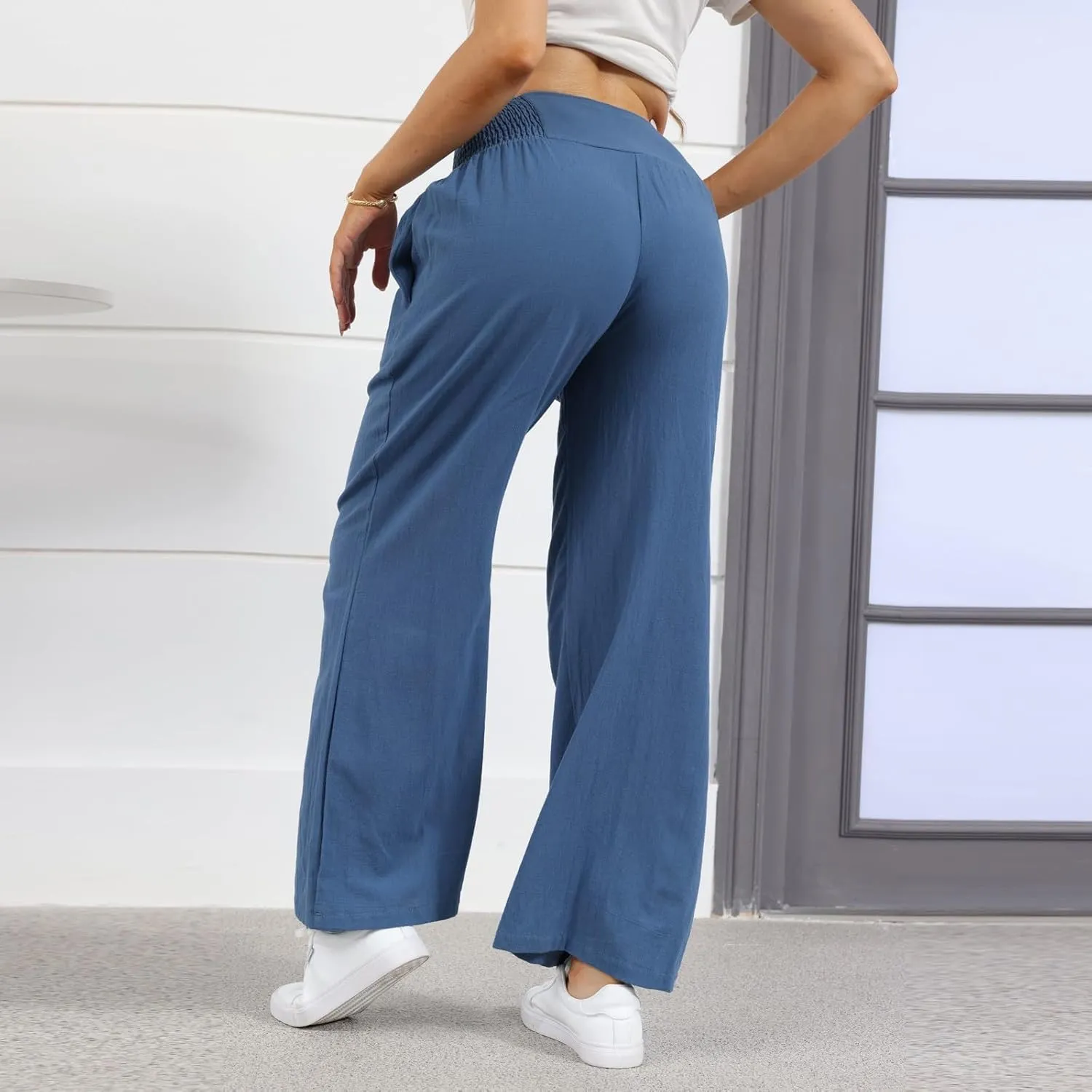 ADHOWBEW Womens Linen Pants Dressy High Waisted Cotton Work Lounge Plus Size Casual Petite Stretch Flowy Pants