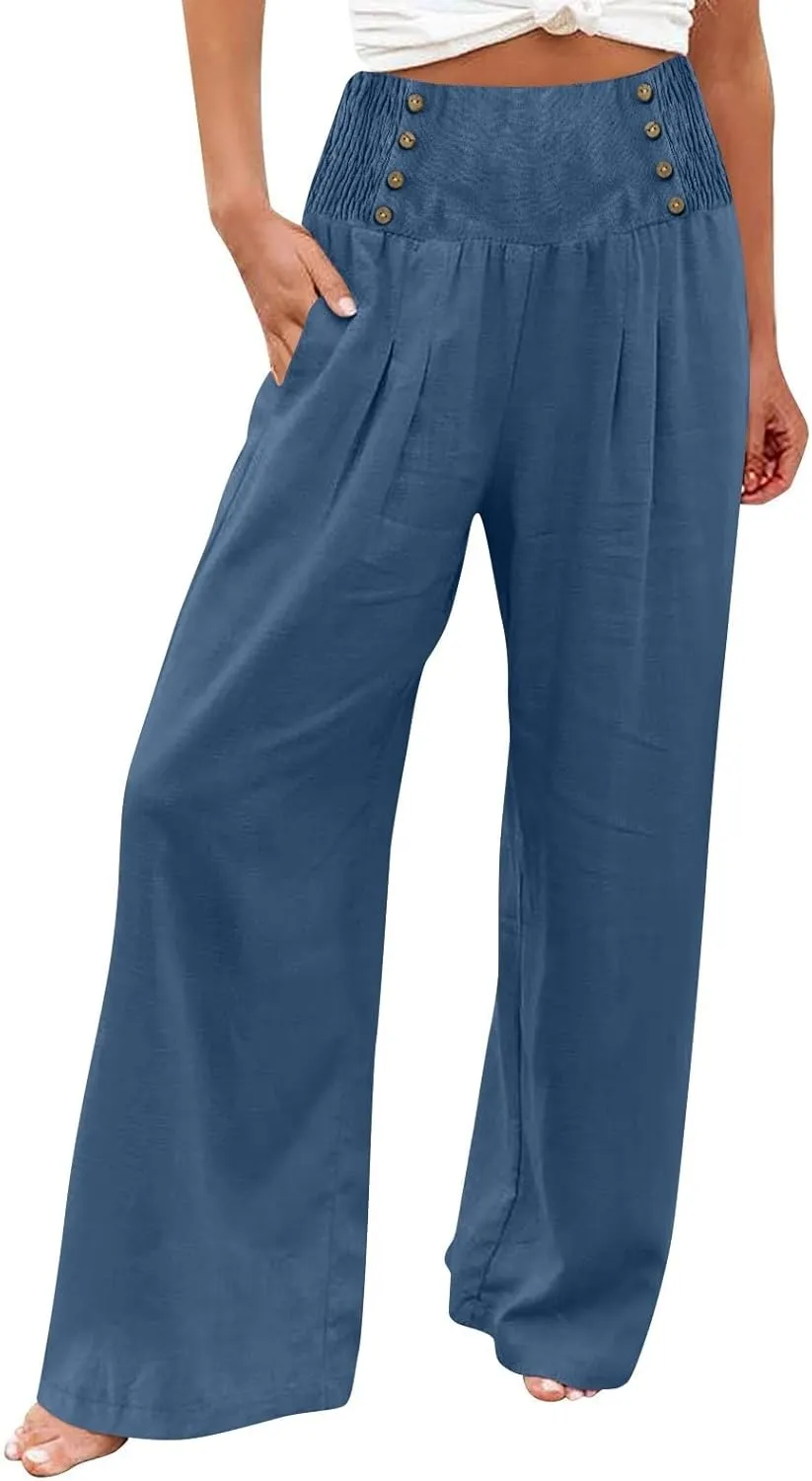ADHOWBEW Womens Linen Pants Dressy High Waisted Cotton Work Lounge Plus Size Casual Petite Stretch Flowy Pants