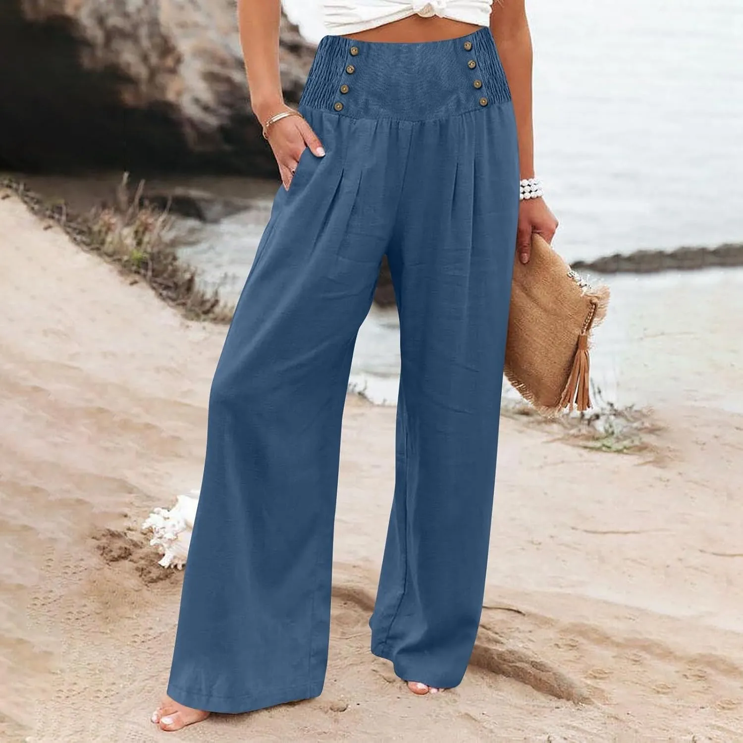 ADHOWBEW Womens Linen Pants Dressy High Waisted Cotton Work Lounge Plus Size Casual Petite Stretch Flowy Pants