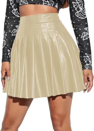 AFAVOM Womens Faux Leather Pleated Mini Skirt Casual Elegant Skirt Vintage Night Club PU Skirt Festival A-Line Short Skirt