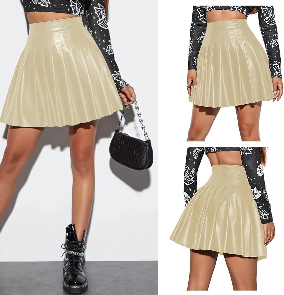AFAVOM Womens Faux Leather Pleated Mini Skirt Casual Elegant Skirt Vintage Night Club PU Skirt Festival A-Line Short Skirt