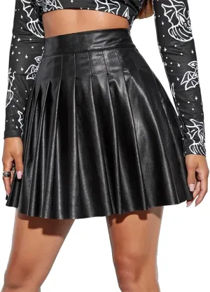 AFAVOM Womens Faux Leather Pleated Mini Skirt Casual Elegant Skirt Vintage Night Club PU Skirt Festival A-Line Short Skirt