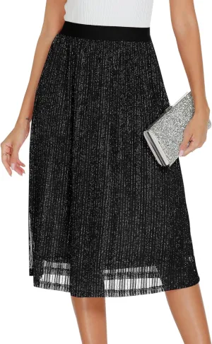 AIMCOO Womens Sequin Skirt Stretchy High Waisted Skirt Sparkly Pleated Midi Skirt 2025 Chiffon Flowy A-line Casual Skirts