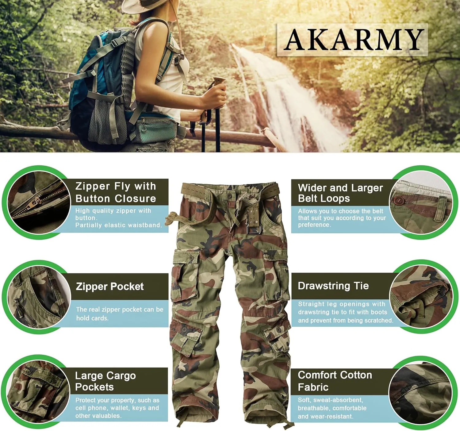 AKARMY Womens Cargo Pants with Pockets Outdoor Casual Ripstop Camo Military Combat Construction Work Pants