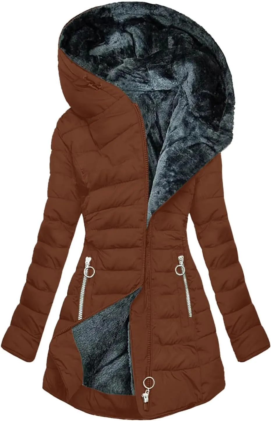 Akklian Winter Hooded Cotton Coats for Women Sherpa Waisted Fleece Jacket Fluffy Quilted Coat Padded Warm Parkas with Pockets