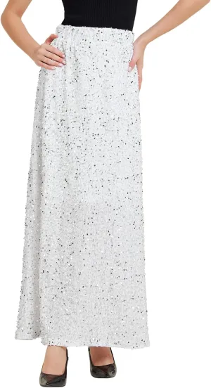 Allegra K Sequin Velvet Skirt for Women's Elastic Waist Sparkle Party Maxi Skirt