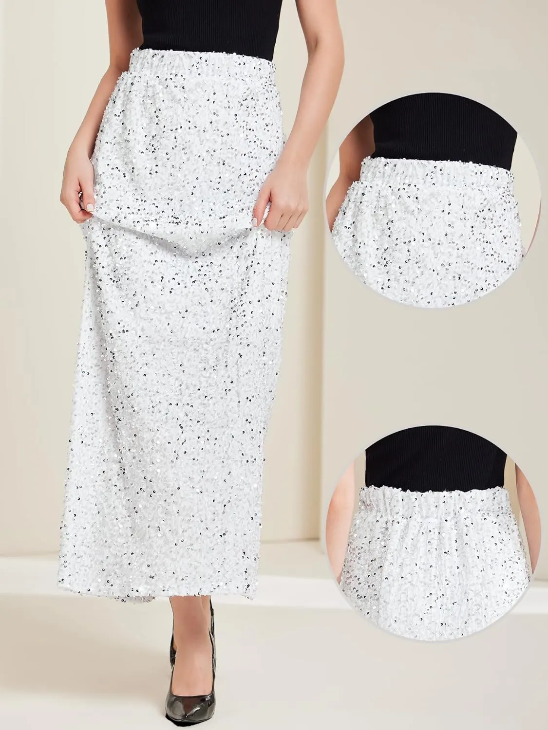 Allegra K Sequin Velvet Skirt for Women's Elastic Waist Sparkle Party Maxi Skirt