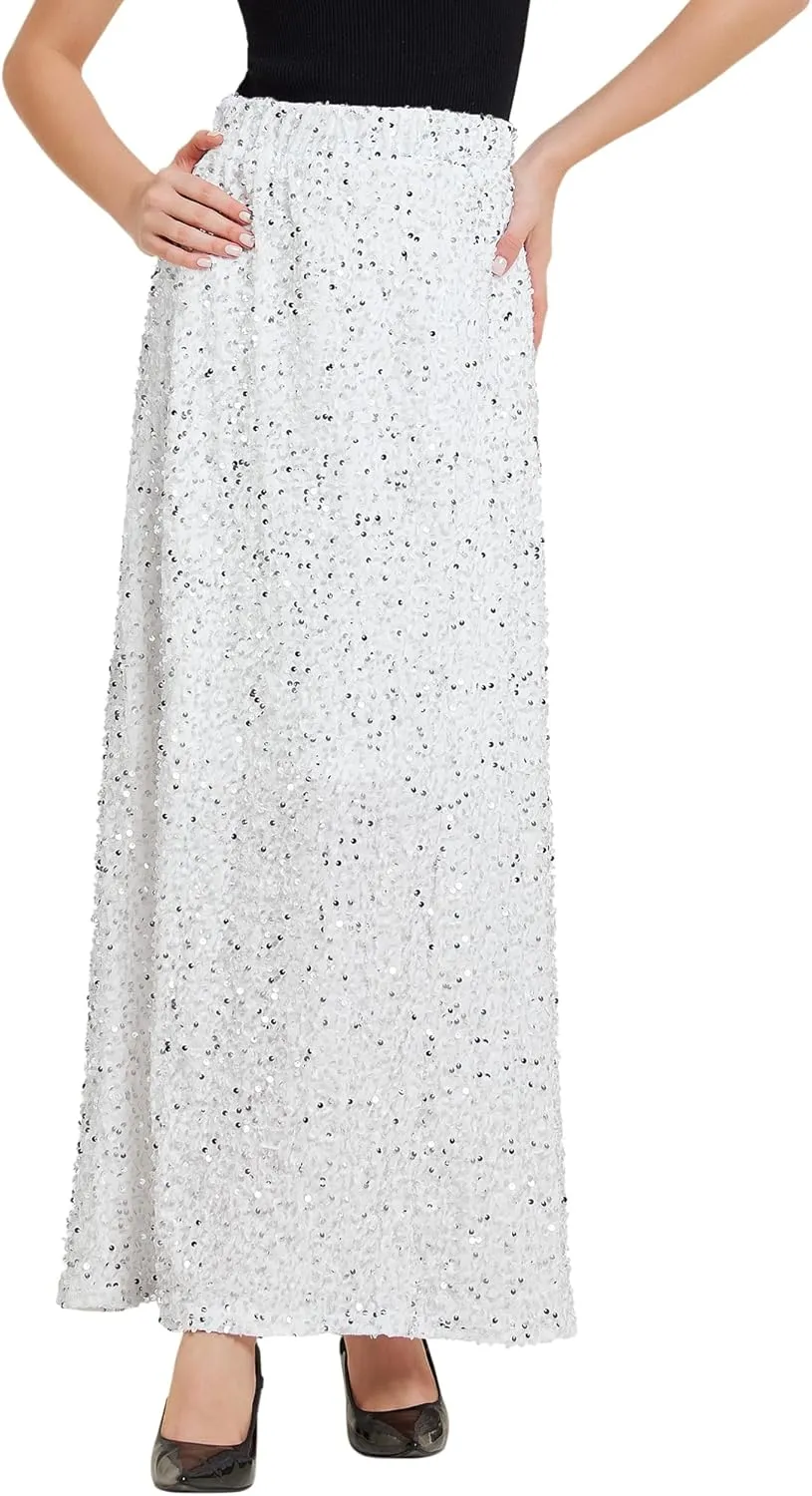 Allegra K Sequin Velvet Skirt for Women's Elastic Waist Sparkle Party Maxi Skirt