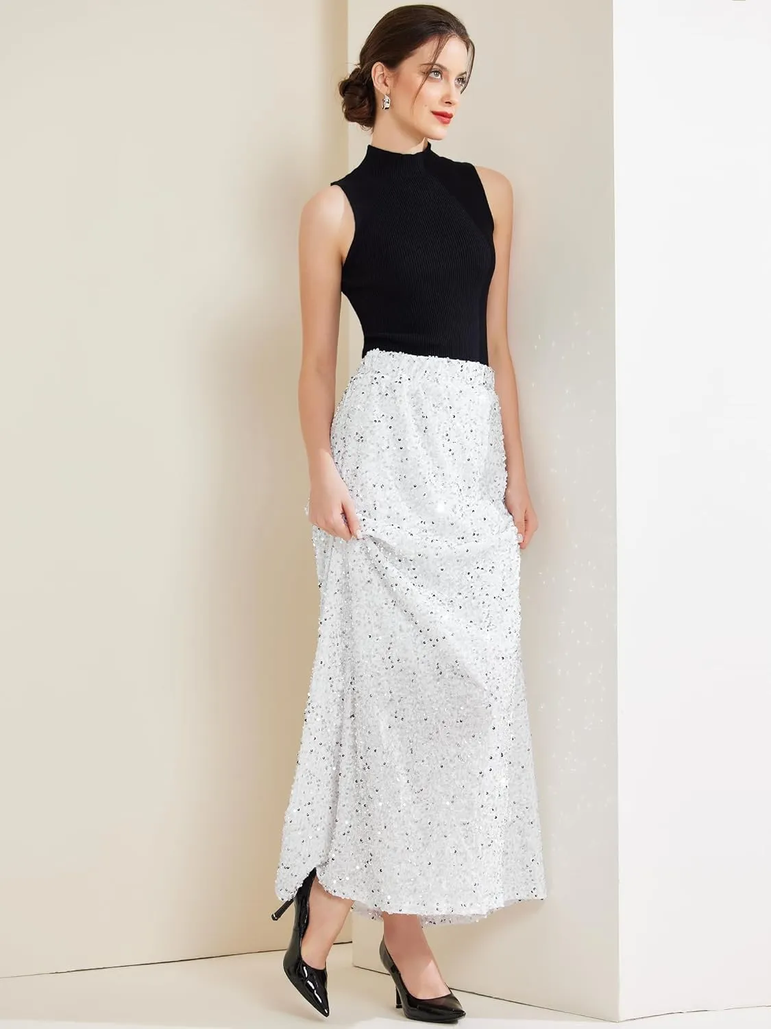 Allegra K Sequin Velvet Skirt for Women's Elastic Waist Sparkle Party Maxi Skirt
