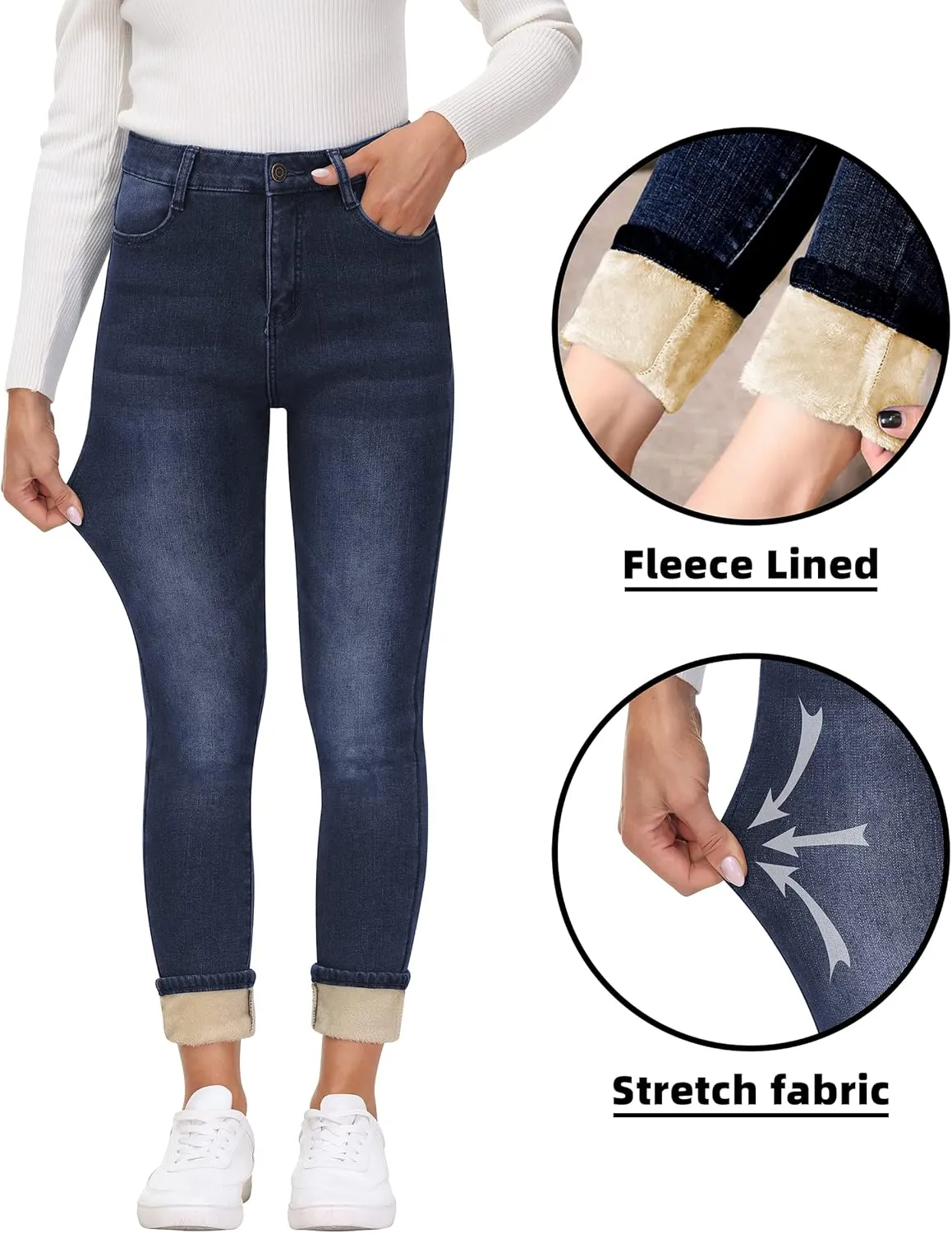 AMRSPENG Women's Fleece Lined Jeans Winter Flannel Lined Pants Thicken Stretch Warm Thermal Skinny Jeans