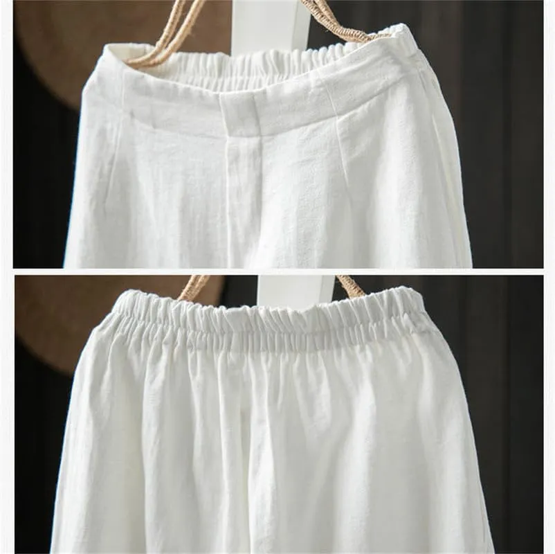 Andongnywell Womens Casual Loose Elastic Waist Cotton Trouser Cropped Wide Leg Pants Cotton Linen Pants