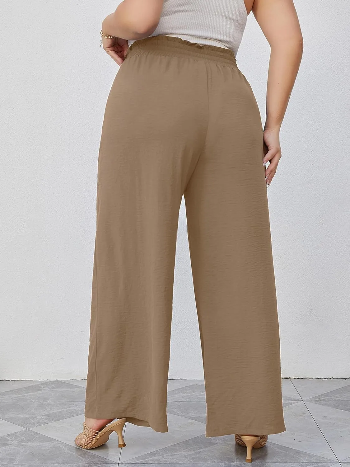 AusLook Women's Plus Size Wide Leg Lounge Pants with Pockets High Waisted Palazzo Adjustable Tie Knot Trousers
