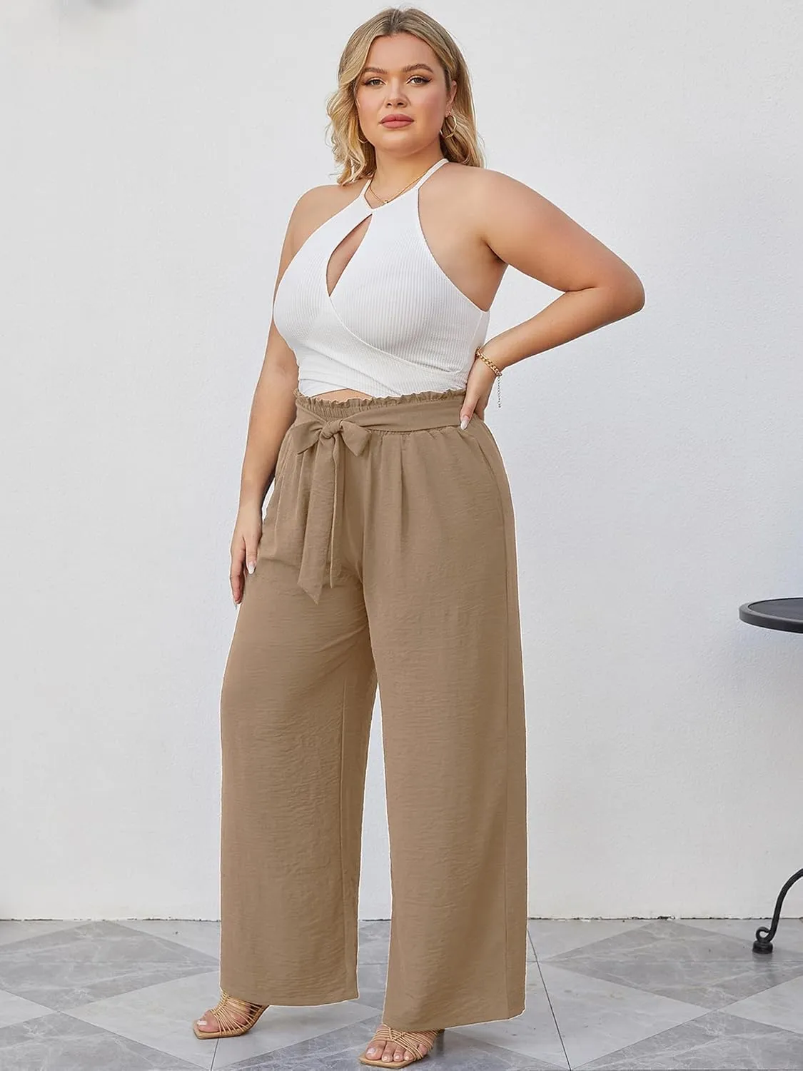 AusLook Women's Plus Size Wide Leg Lounge Pants with Pockets High Waisted Palazzo Adjustable Tie Knot Trousers