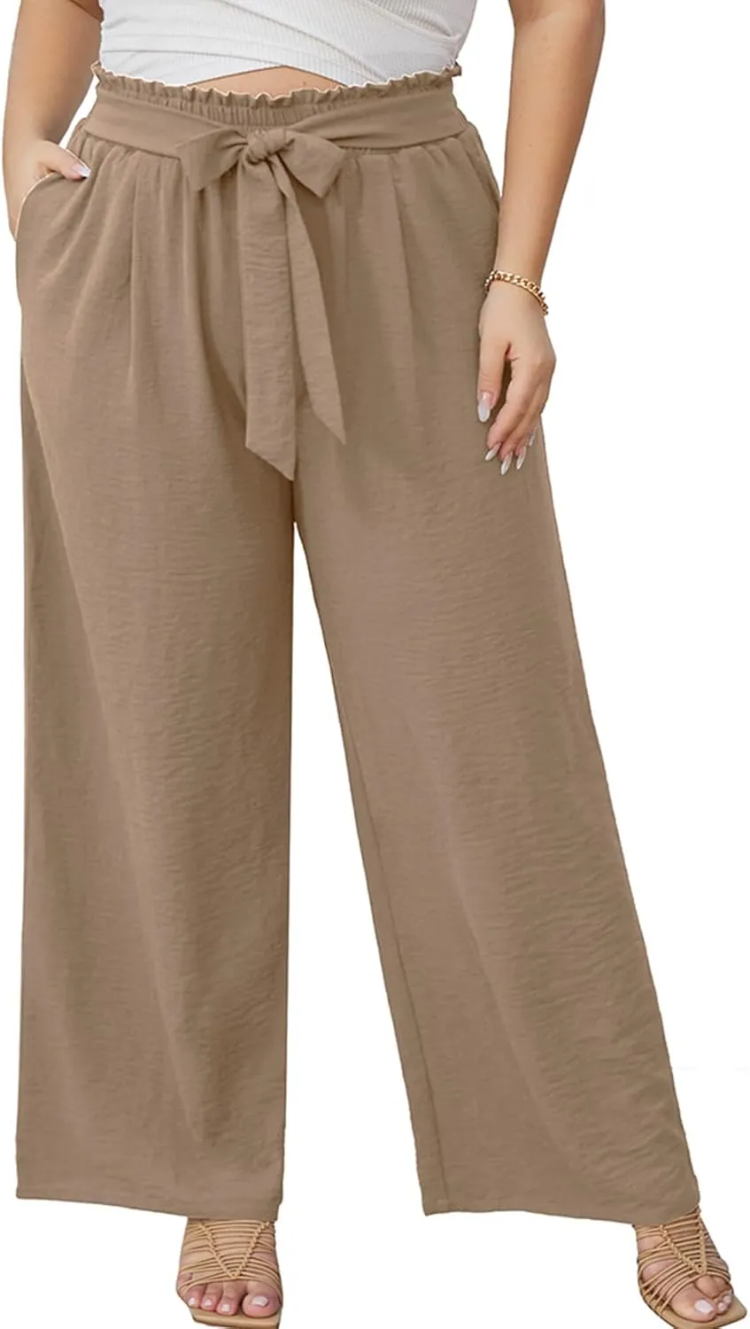 AusLook Women's Plus Size Wide Leg Lounge Pants with Pockets High Waisted Palazzo Adjustable Tie Knot Trousers