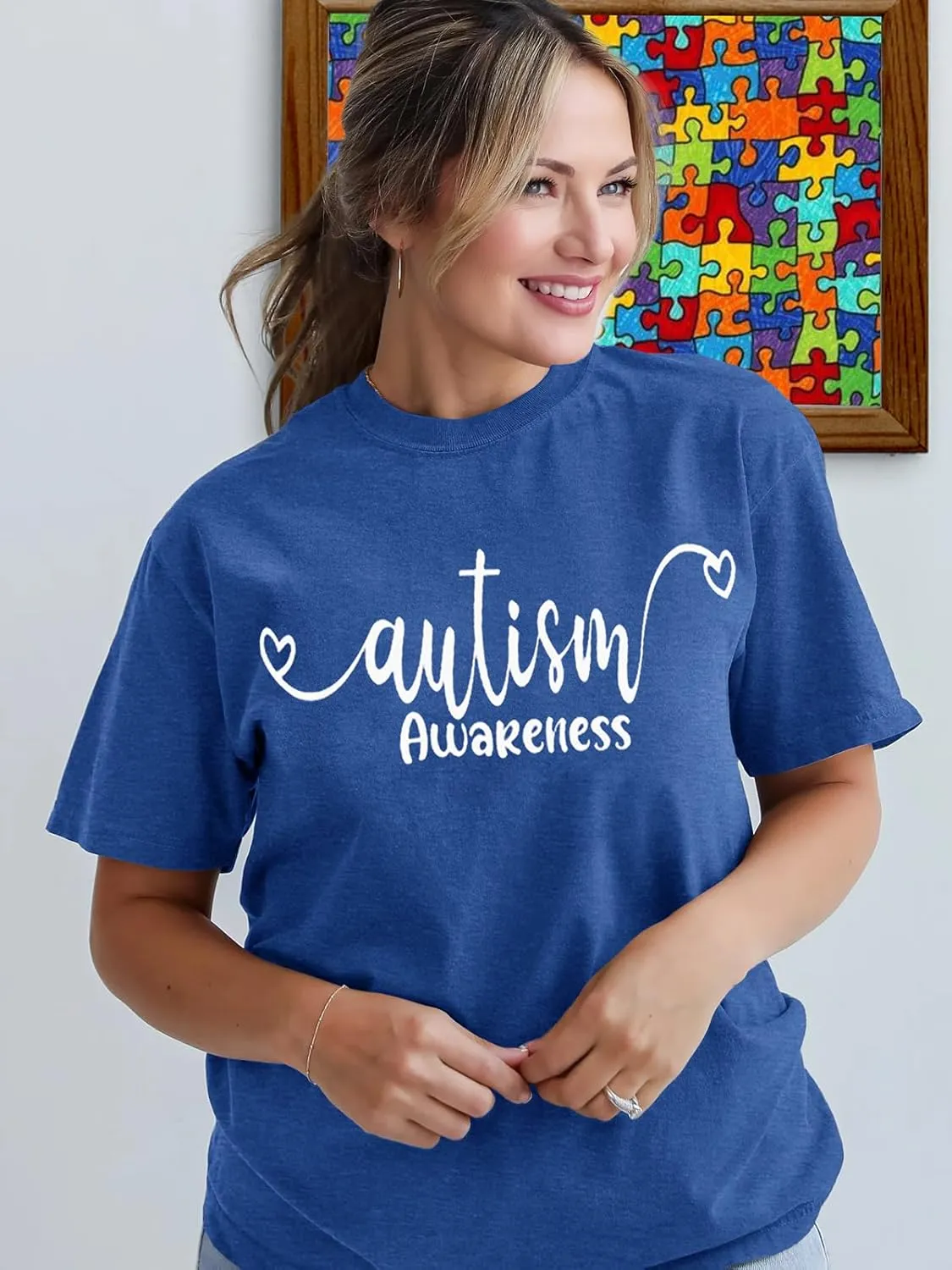 Autism Awareness Shirt Womens Autism Acceptance Month Grahic Short Sleeve Tee Tops