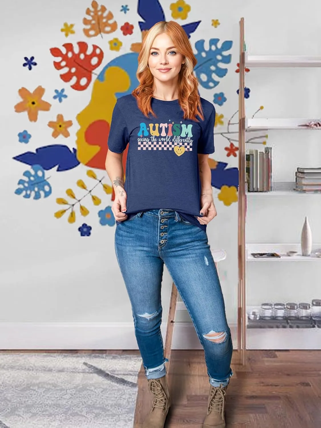 Autism Awareness Shirt Womens Autism Acceptance Month Grahic Short Sleeve Tee Tops