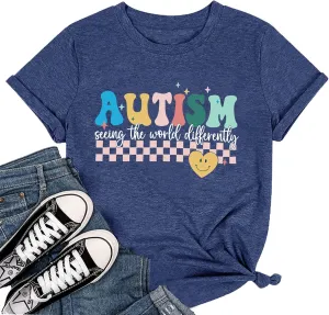 Autism Awareness Shirt Womens Autism Acceptance Month Grahic Short Sleeve Tee Tops