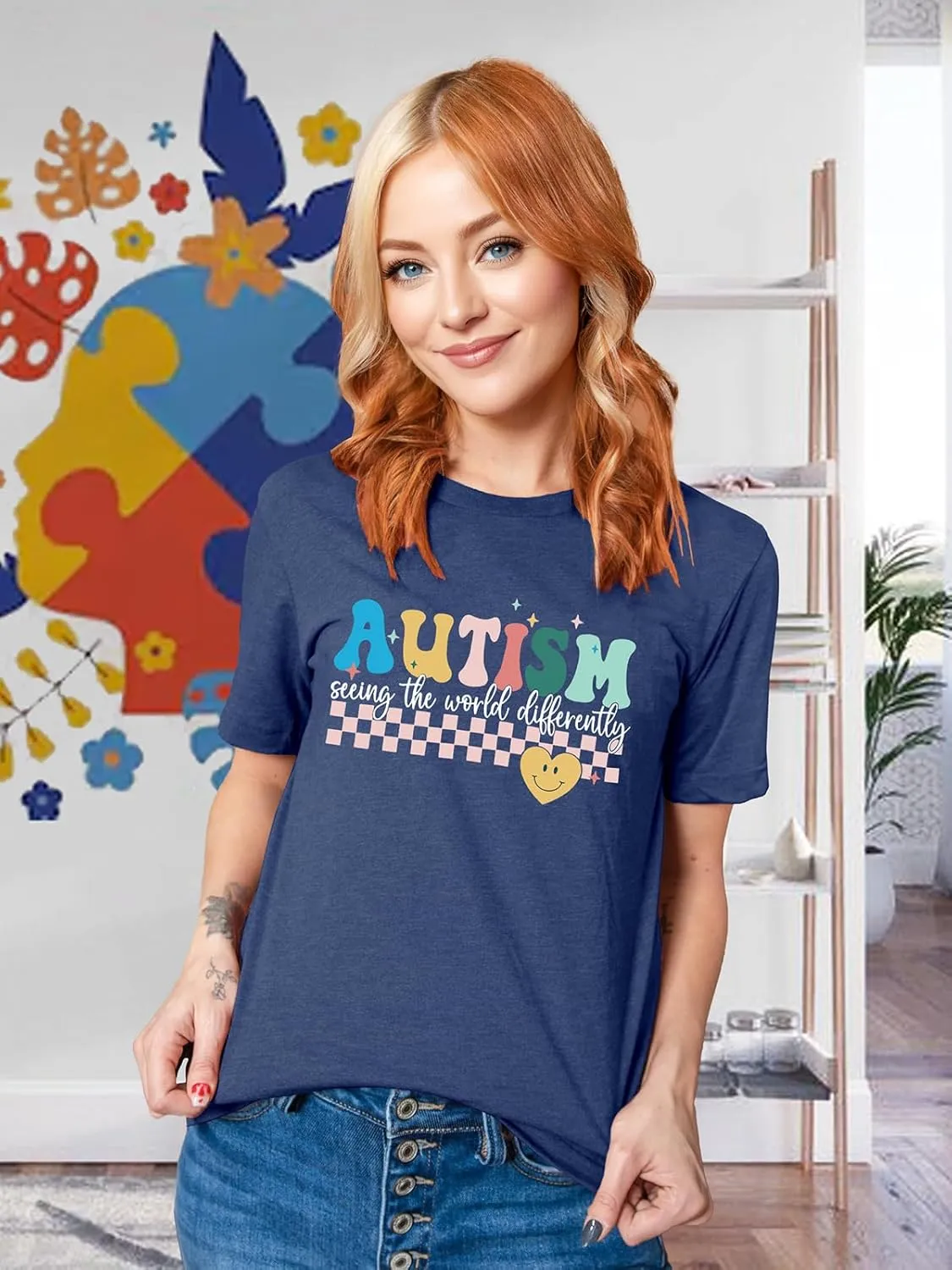 Autism Awareness Shirt Womens Autism Acceptance Month Grahic Short Sleeve Tee Tops