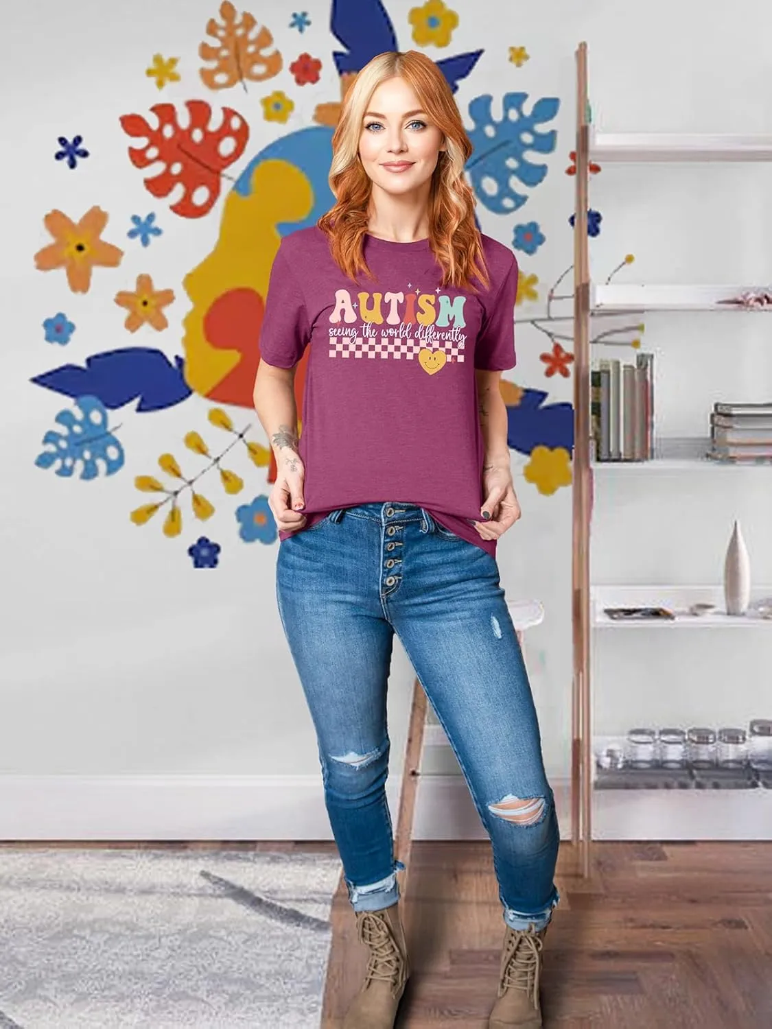 Autism Awareness Shirt Womens Autism Acceptance Month Grahic Short Sleeve Tee Tops