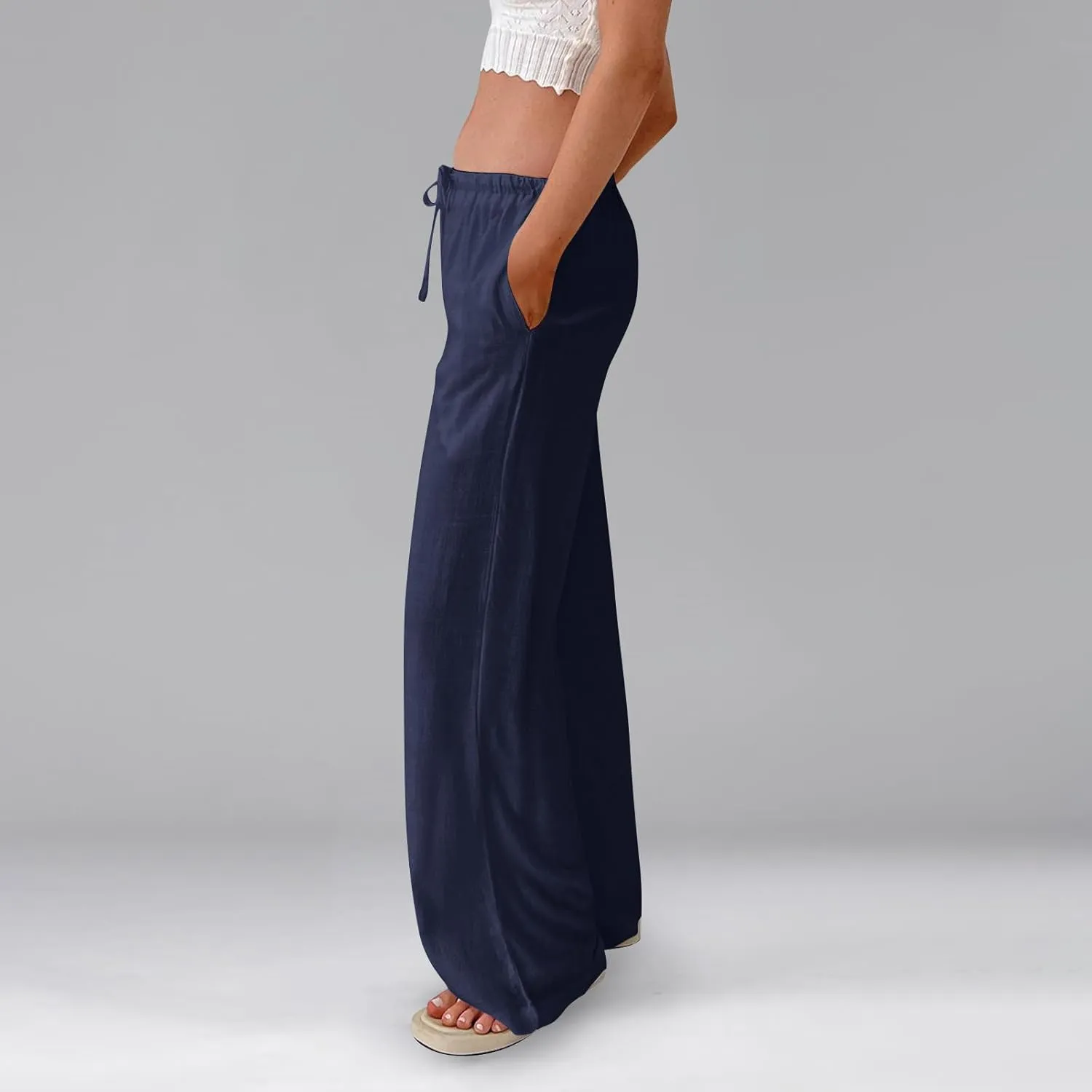 Baggy Wide Leg Linen Pants for Women Elastic High Waisted Pants Summer Beach Vacation Gauze Pants with Pockets